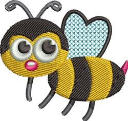 Cartoon bee with playful big eyes, black and yellow stripes, and a heart-shaped blue wing in cheerful design.