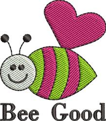 Cheerful bee with pink and green stripes, a large pink heart above, and 'Bee Good' text, springtime playful style.