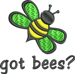 Colorful applique bee with yellow stripes and green wings, featuring playful 'got bees?' text below.