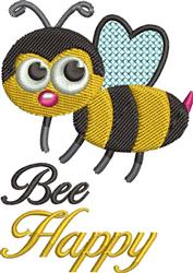 Cartoon bee with big eyes, cheerful expression, yellow stripes, and light blue wings saying 'Bee Happy' in playful cursive.