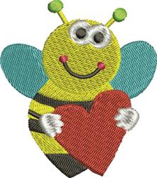 Cheerful cartoon bee with yellow and black stripes, blue wings, and a red heart, perfect for playful decor.