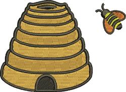 Cartoonish bee hive in cheerful yellow and brown, with a vibrant black and yellow bee, perfect for kids' decor.