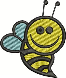 Cheerful cartoon bee with a yellow body, blue wings, and friendly smile, perfect for kids' items.