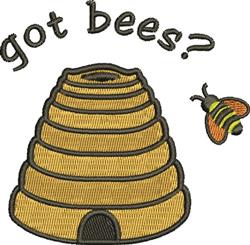 Playful beehive with light brown segments and a buzzing bee, topped with 'got bees?' text.