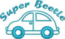 Playful beetle-style car in bright blue outline with 'Super Beetle' text above, ideal for children's clothing.