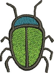 Stylized beetle with a green body and blue head, outlined in black, simple and colorful design.