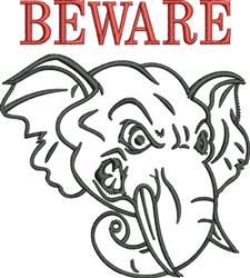 Cartoonish elephant head with an aggressive expression, showcasing tusks and trunk. Bold red 'BEWARE' text above.