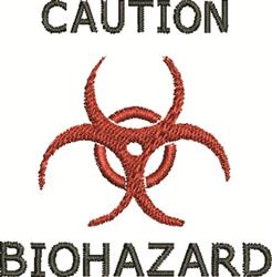 Bold biohazard symbol in reddish-brown with 'CAUTION' and 'BIOHAZARD' text, thematic warning design.