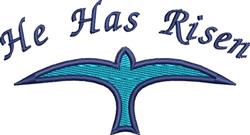 Bird silhouette in teal above 'He Has Risen' text, modern spiritual Easter design with serene blue tones.