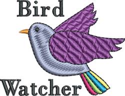 Stylized quilted bird in purple with a rainbow tail and 'Bird Watcher' text. Playful theme for decor.
