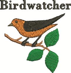 Vibrant bird perched on a branch with green leaves, featuring the text 'Birdwatcher' above, colorful and nature-themed.