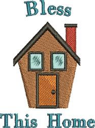 Quaint house with brown exterior and red chimney, featuring 'Bless This Home' in cheerful turquoise as a playful design.