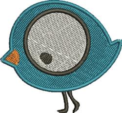 Cute blue bird with a large eye and orange beak in a playful cartoon style, showcasing bright colors.
