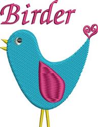 Playful blue bird with a pink wing and heart-shaped tail, featuring 'Birder' text above, perfect for cheerful quilting.