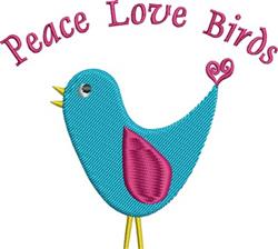 Colorful blue bird with a pink underbelly and a heart-shaped tail, text reads 'Peace Love Birds', perfect for spring.