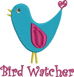 Playful blue bird with a pink wing and yellow legs, featuring 'Bird Watcher' text in pink. Perfect for quilting.