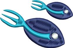 Playful navy blue fish with vibrant teal accents and white details, featuring a whimsical fork element.