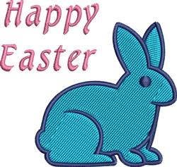 Playful blue rabbit with a cheerful outline and bright pink 'Happy Easter' text, perfect for festive embroidery.