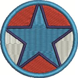 Modern graphic blue star with textured stitching, vibrant against a red background, bordered by white.