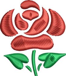Bold applique rose with vibrant red petals and bright green leaves, showcasing a colorful floral design.