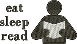 Modern book reader figure cradling an open book with bold 'eat sleep read' text in neutral colors.