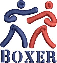 Playful boxing figures in blue and red with bold 'BOXER' text in embroidery on a clean background.