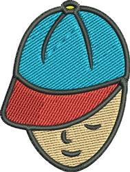 Cartoon face of a boy with a blue cap and red brim, playful design perfect for children.