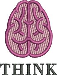 Modern embroidered brain in light pink with detailed stitching, featuring the bold word 'THINK' below.