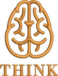 Modern brain shape in gold with bold 'THINK' text below, featuring simple, minimalist embroidery design.