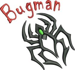Modern spider-like graphic in black with angular shapes, green accent, and bold red 'Bugman' text.