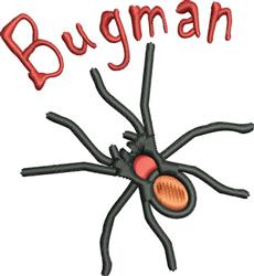 Playful black spider with long legs and a vivid red-orange abdomen, featuring the cheerful 'Bugman' text above.