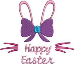 Playful bow with bunny ears in vibrant purple and pink, featuring 'Happy Easter' text in a cheerful design.