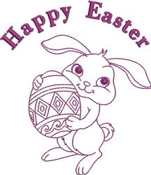 Playful bunny holding a colorful Easter egg with 'Happy Easter' text above, perfect for festive decorations.