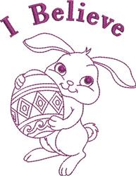 Cute bunny with large eyes holding a decorated Easter egg, featuring 'I Believe' text in bold purple for a whimsical Easter t
