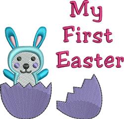 Cheerful bunny wearing a blue outfit peeking from a cracked purple egg shell, perfect for Easter celebrations.