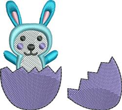 Playful bunny with light blue hood peeking from broken purple eggshell, perfect for colorful Easter themes.