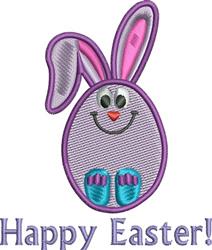 Cheerful bunny with egg shape, vibrant purple and pink ears, and light blue feet for Easter.