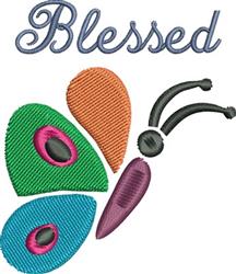 Playful butterfly with vibrant green, orange, and purple wings, featuring blue text 'Blessed' above.