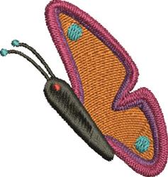 Whimsical butterfly with vibrant orange wings outlined in purple, black body, and blue accents, perfect for playful decor.