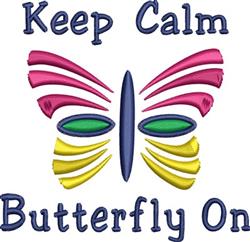 Colorful butterfly with pink wings and yellow-green accents, featuring playful 'Keep Calm' text.
