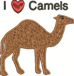 Playful camel standing upright with bold 'I ❤️ Camels' text, in a cartoonish style, perfect for fun designs.