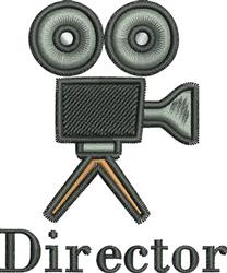 Stylized camera in gray and black with film reels above and 'Director' text below, playful design.