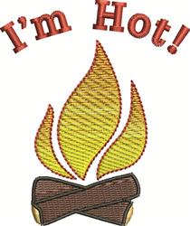 Playful campfire design with vibrant orange and yellow flames above logs and bold red 'I'm Hot!' text, perfect for summer.