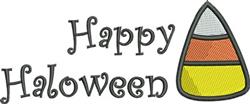 Playful candy corn design with 'Happy Halloween' text in bright orange, yellow, and white for seasonal decor.
