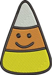 Playful candy corn with a smiling face in orange, yellow, and white, perfect for Halloween-themed decor.