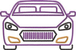 Front view of a minimalist car outline in purple, black, and orange, featuring clean lines and highlighted headlights.