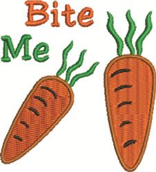 Playful carrot applique design featuring vibrant orange carrots with green leaves and the text 'Bite Me'.