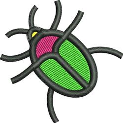 Cartoon bug with a green body, pink accent, and black outline, featuring whimsical thin black legs.