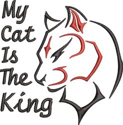 Cartoon cat's head in profile with sharp lines, bold black, red, and white colors, and text 'My Cat Is The King'.