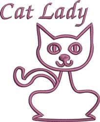 Playful cat figure with soft pink outline and accentuated features above text 'Cat Lady', perfect for embroidery.